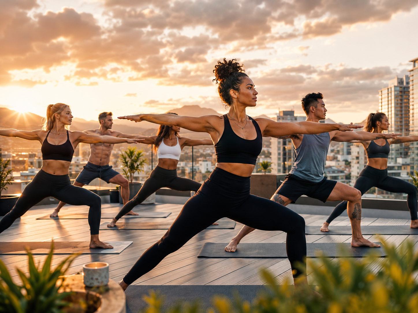 Energetic rooftop yoga bootcamp class at sunset