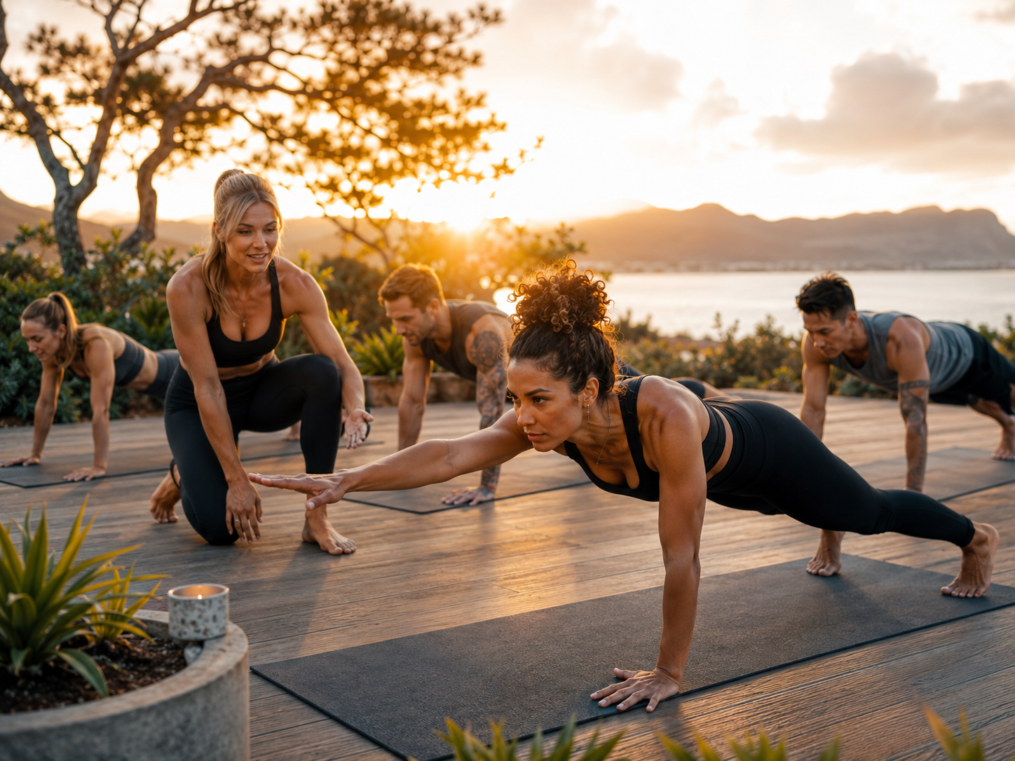 Outdoor yoga bootcamp training on a lakeside deck